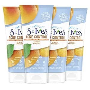 St. Ives Acne Control Face Scrub Deeply Exfoliates and Prevents Acne for Smooth, Glowing Skin Apricot Made with Oil-Free Salicylic Acid Acne Medication, Made with 100% Natural Exfoliants 6 oz 4 Count